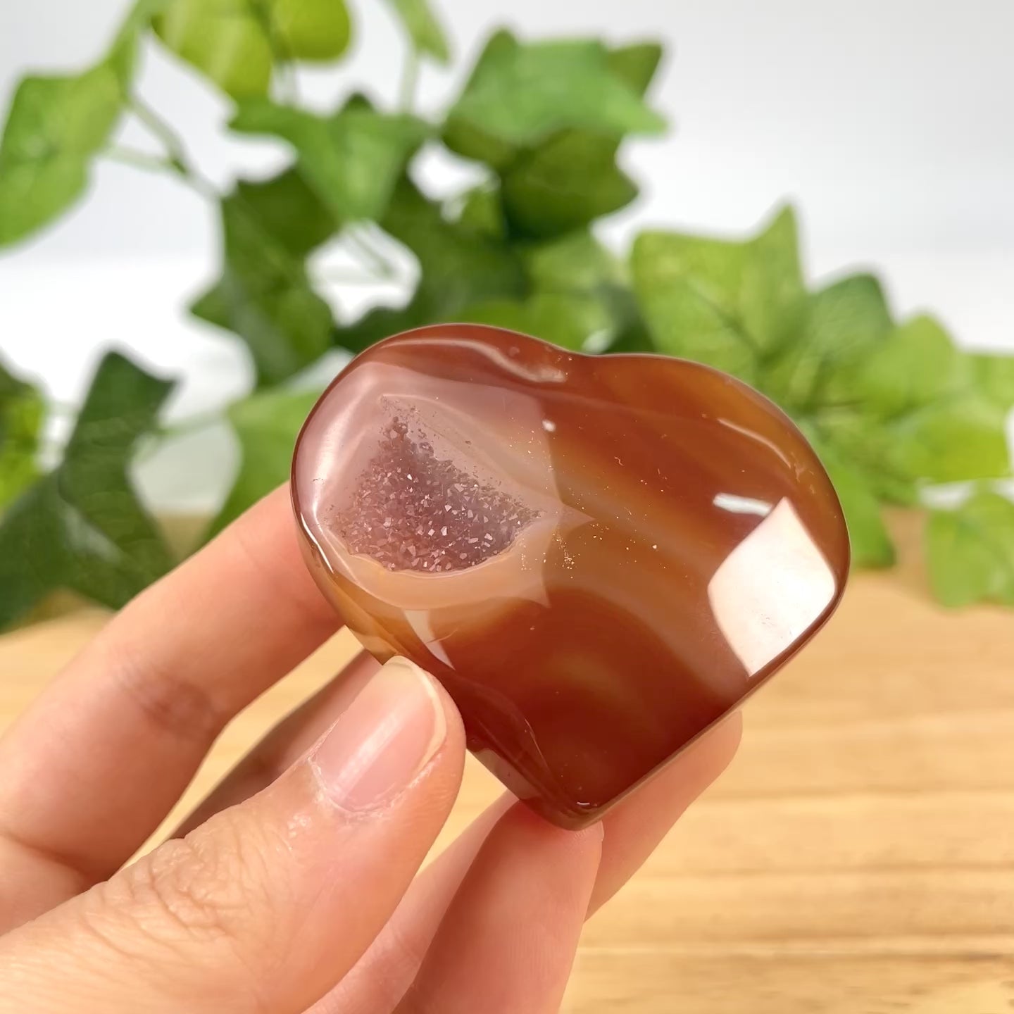 Natural Carnelian Agate Heart with Druzy Geode, Polished Crystal Heart Palm Stone, Healing Crystal for Love, Vitality & Home Decor