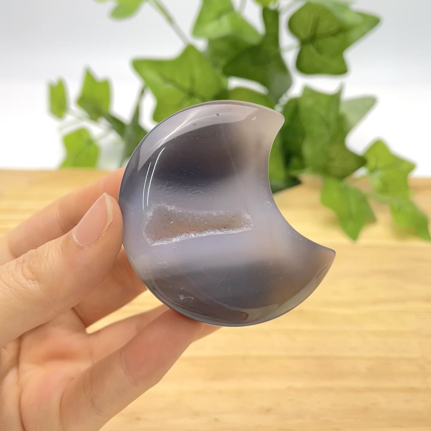 Mini Grey Agate Moon Crystal | Handmade Natural Stone, Pocket Size Healing Crystal & Home Accent