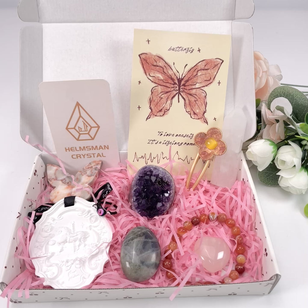 Ultimate Crystal Healing Gift Set 9pc Spiritual Box with Amethyst Cluster, Crystal Bracelet, Ring, Hair Clip, Heart & Butterfly Carving, Scented Wax Tablet & Affirmation Card - Zen Decor & Self-Care Kit
