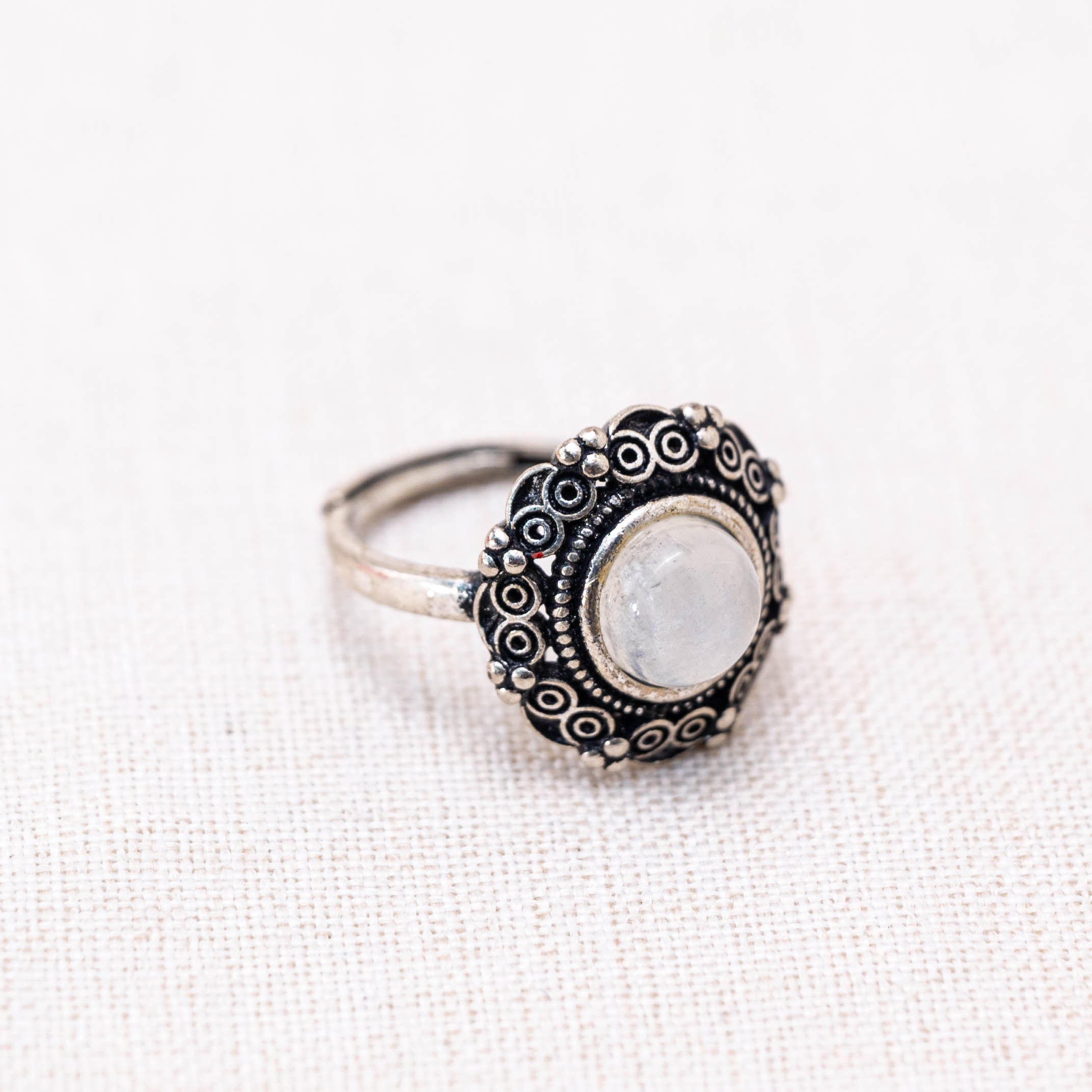 White Moonstone Ring with a luminous glow.