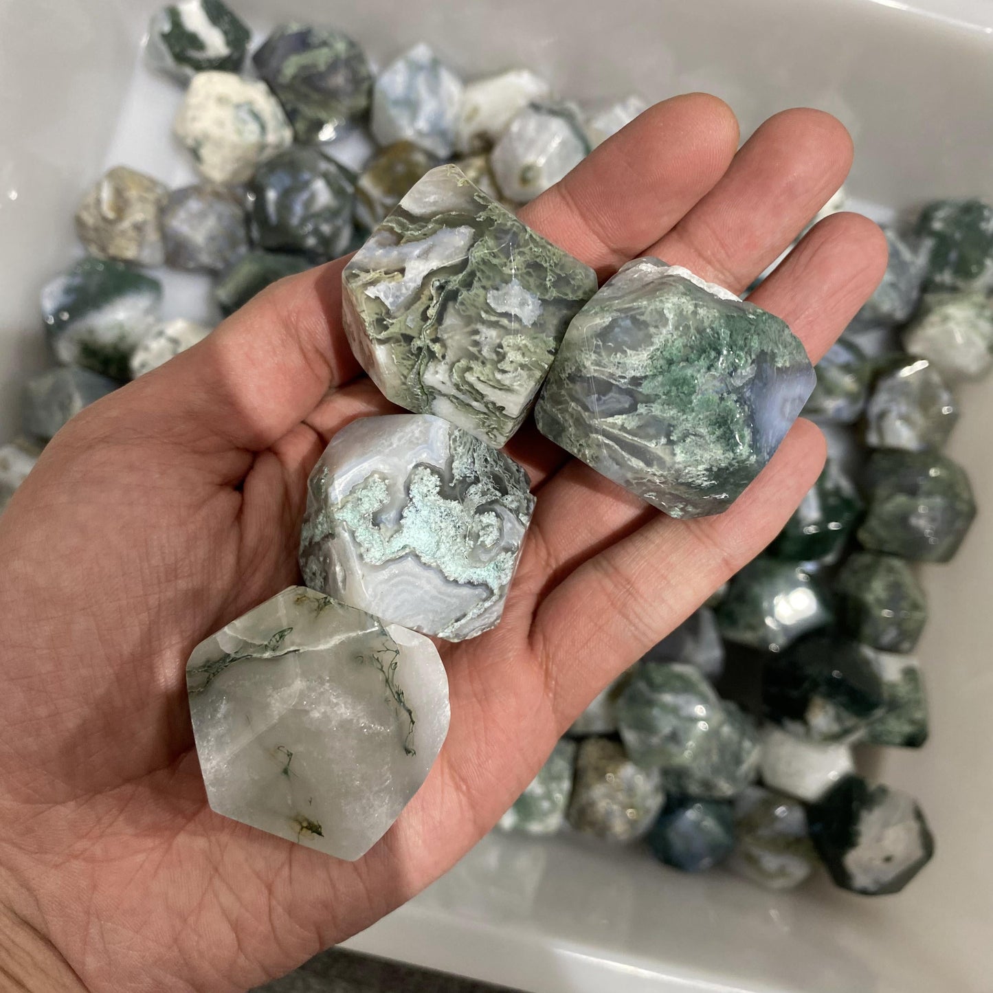 Moss Agate Polyhedron Tumbled Stones In Bulk